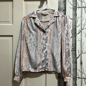 VINTAGE JONTHAN MARTIN POLYESTER LEAF PRINT PINK AND PURPLE BUTTON UP-SIZE 3/4